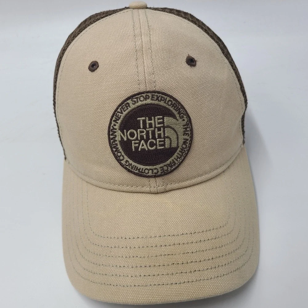 The North Face Hat Snapback Trucker Mesh Beige Brown Logo Patch Hike Outdoor Men